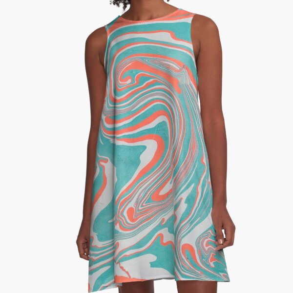 Green, White & Orange Marble Pattern A-Line Dress