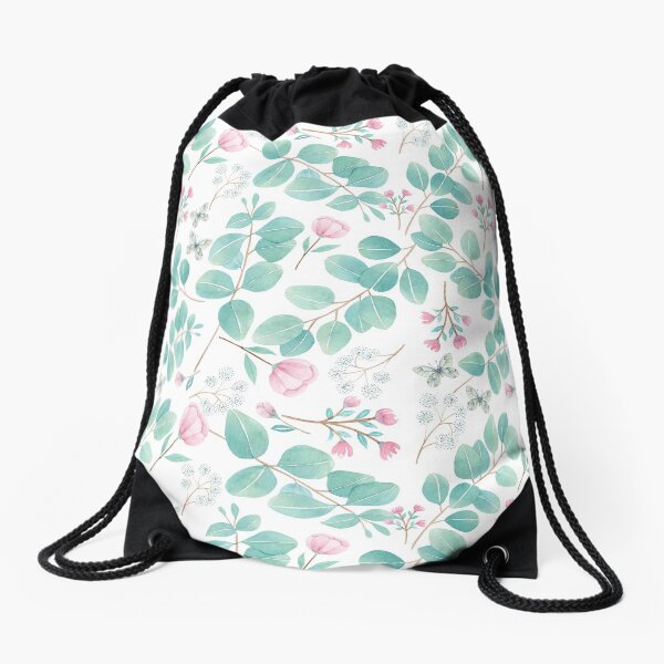 eucalypto and pink flower Drawstring Bag
