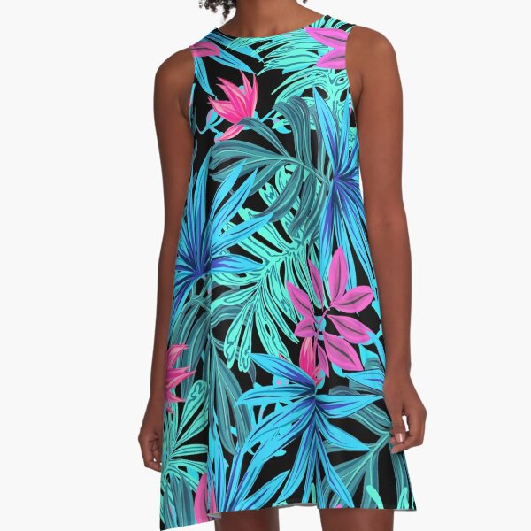 Tropical Neon Psychedelic Flower Pattern A-Line Dress