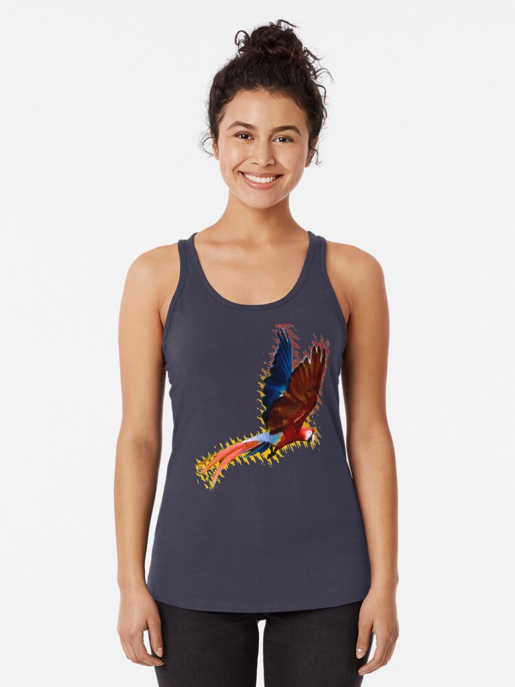 Thumbnail 1 of 3, Racerback Tank Top, Scarlet macaw upwards wings designed and sold by ARCASrescate.