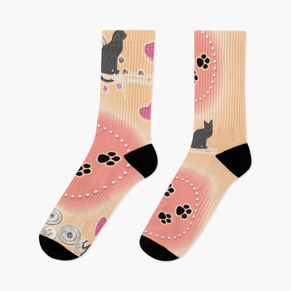 Item preview, Girly Cats Print, Black Cat Feet, Pink Hearts And Buttons On Yellow Background designed and sold by ZophiaSolaris.
