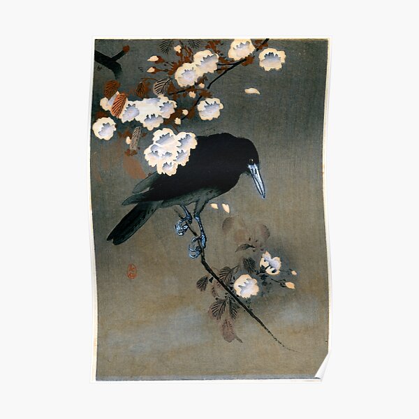 Vintage Japanese Crow and Blossom Woodblock Print Poster