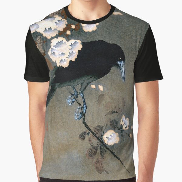 Vintage Japanese Crow and Blossom Woodblock Print Graphic T-Shirt
