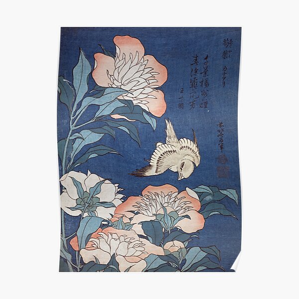 Katsushika Hokusai Peonies and Canary Poster