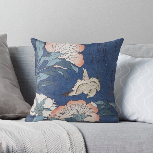 Katsushika Hokusai Peonies and Canary Throw Pillow