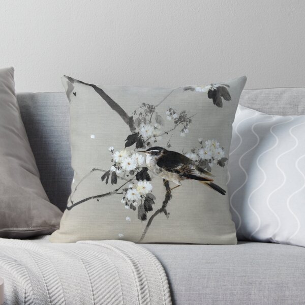Watanabe Seitei Bird on a Flowering Branch Throw Pillow