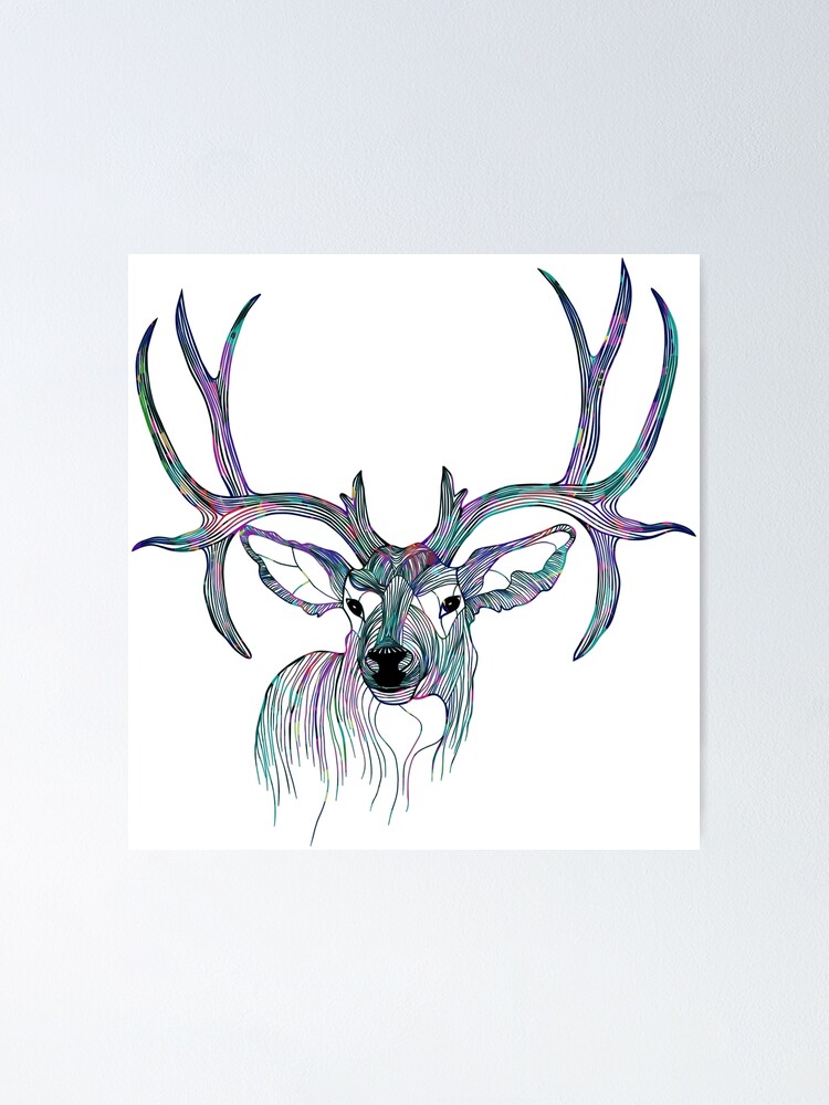 Poster Dessin Au Trait Colore Illustration Tete De Cerf Par Artonwear Redbubble