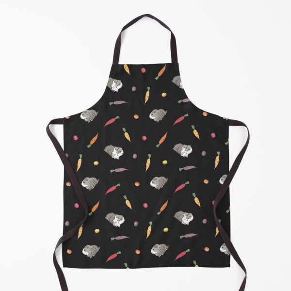 Carrots and Silkie Guinea Pigs Pattern in Black Background Apron
