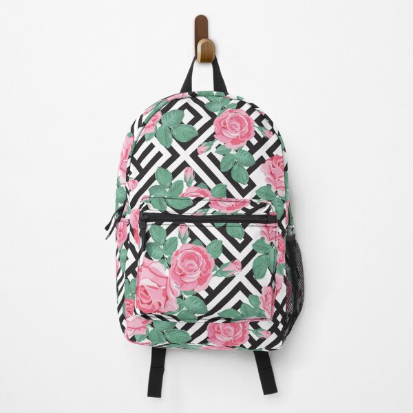 Item preview, Pink roses with black and white geometric pattern designed and sold by smARTwork.