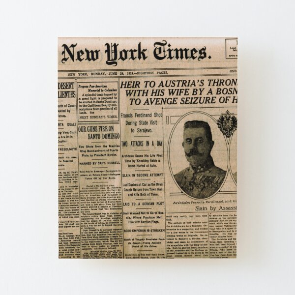 Newspaper article on the assassination of Archduke Franz Ferdinand. Old Newspaper, 28th June 1914, #OldNewspaper #Newspaper Wood Mounted Print