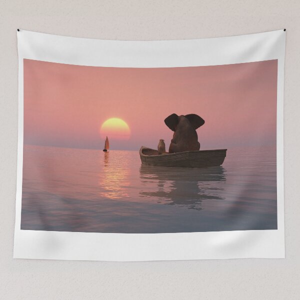 Item preview, elephant and dog are floating in a boat at sunset designed and sold by Mike Kiev art.