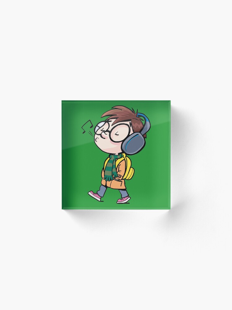 Alternate view of boy goes to school with headphones Acrylic Block