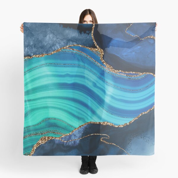 Blue Ocean And Gold Mermaid Faux Marble Scarf