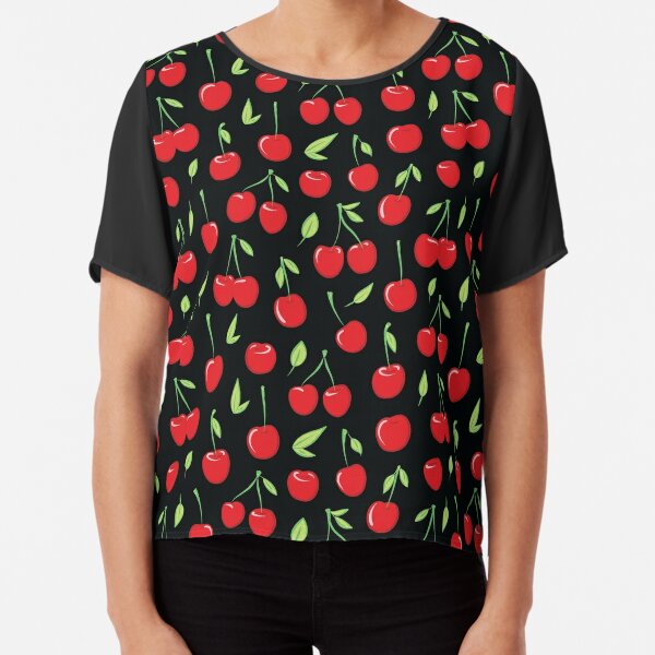 Cheerful cherry pattern, colorful cherries on black Chiffon Top