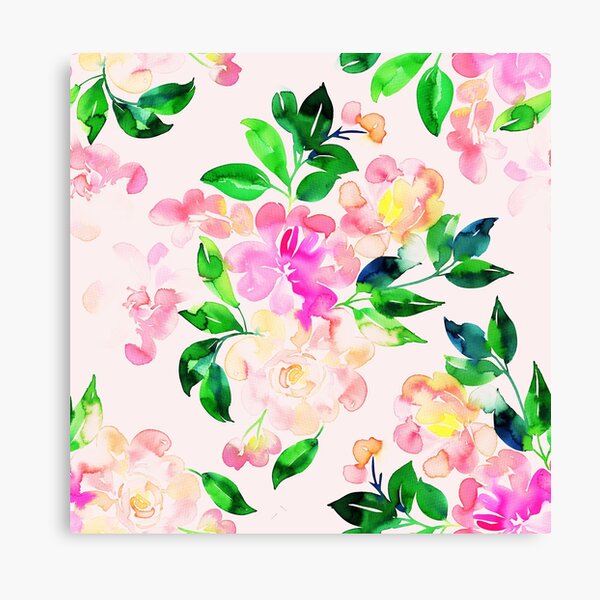 Watercolor hand painted pink and green flowers Canvas Print