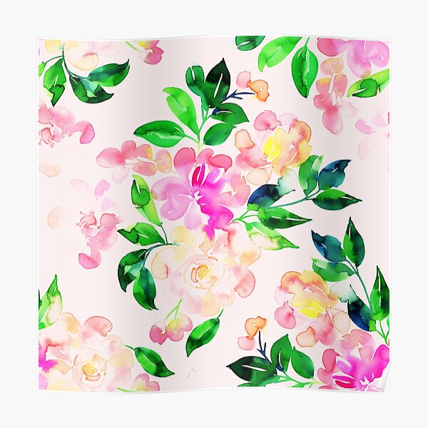 Watercolor hand painted pink and green flowers Poster