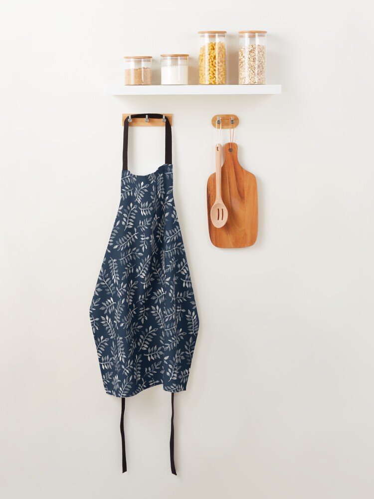 Alternate view of White Leaves on Navy - a hand painted pattern Apron