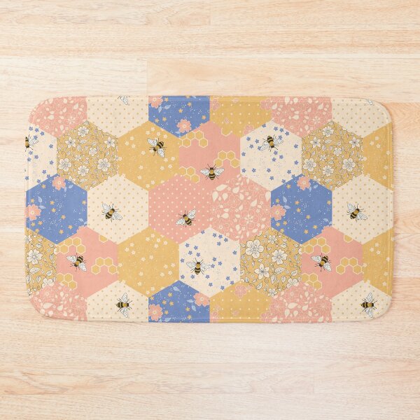 Item preview, Patchwork Bees almond, apricot, peach and bluebell colours - repeat pattern designed and sold by HazelFisher.