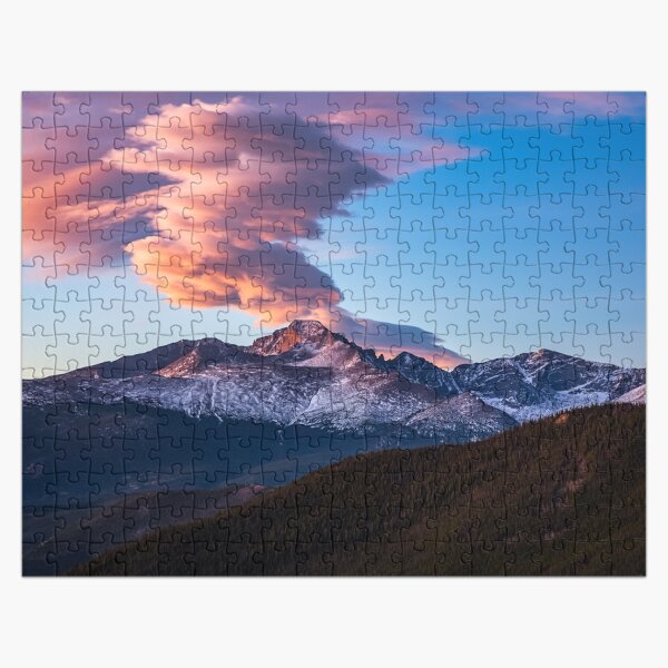 Fire on the Mountain - Sunrise Illuminates Cloud Over Longs Peak in Colorado Jigsaw Puzzle