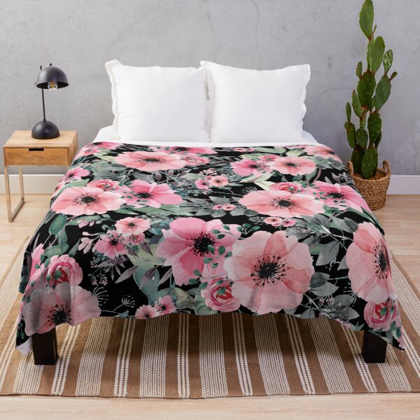 Item preview, Beautiful Pink Watercolor Anemone Flowers and Vines Pattern on Black designed and sold by aprincessinsp.
