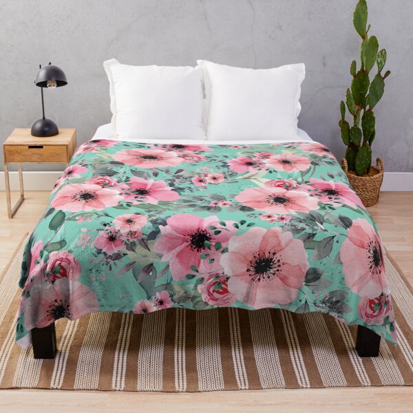 Item preview, Beautiful Pink Watercolor Anemone Flowers and Vines Pattern on Teal designed and sold by aprincessinsp.