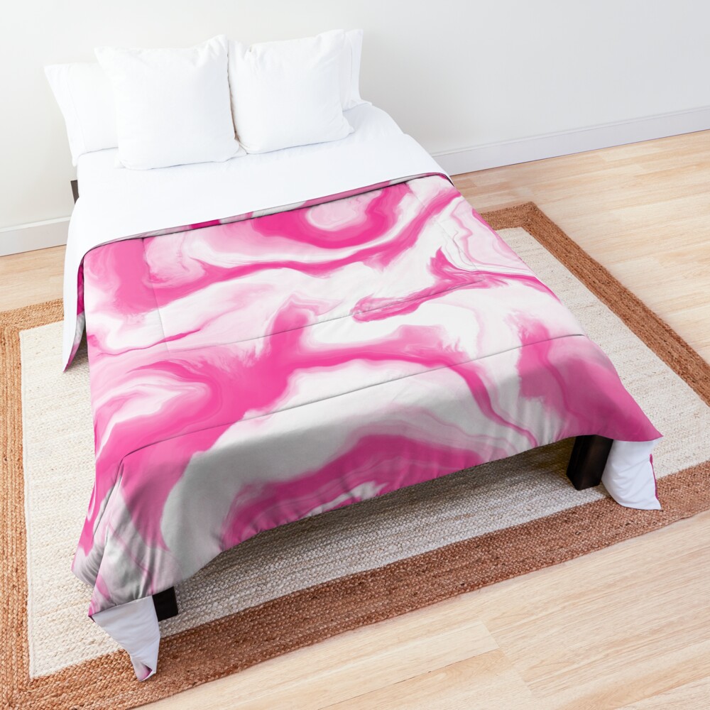 Hot Pink / Pink / White Acrylic Pour Painting Comforter
