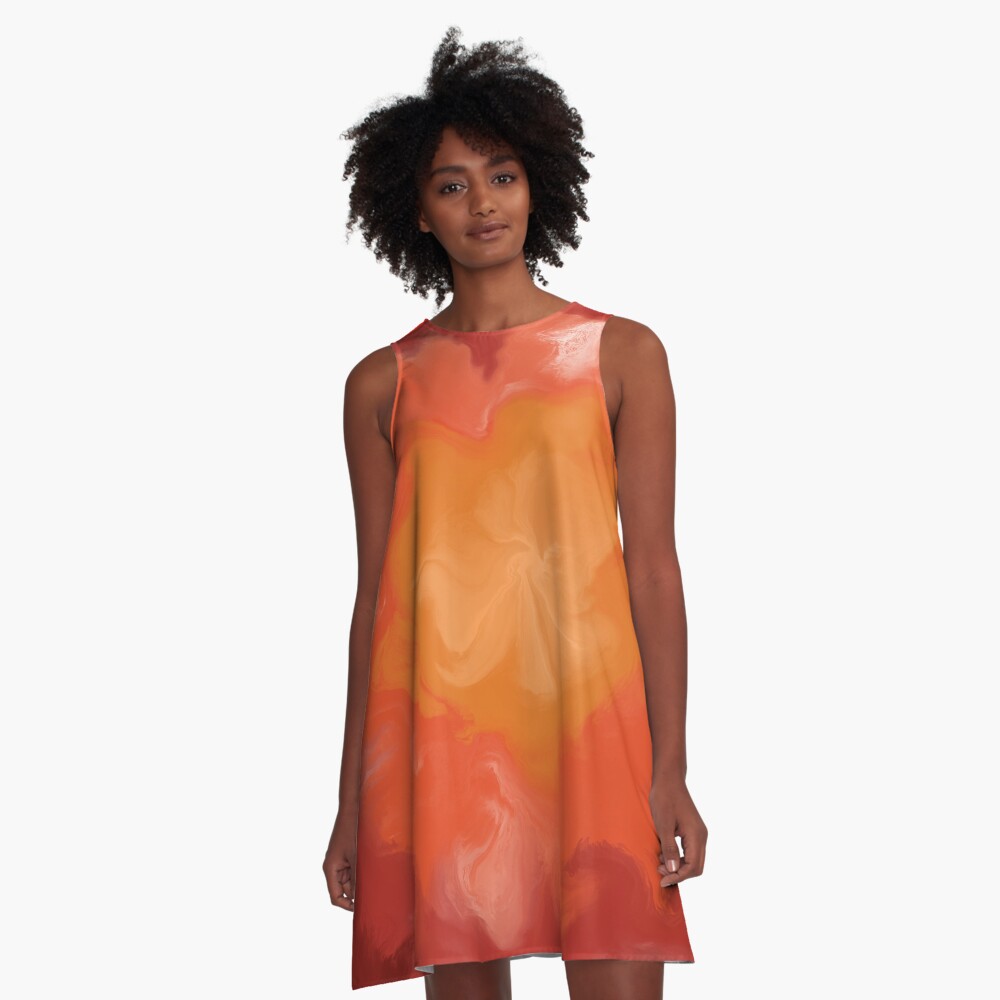 Dark Red / Red / Orange / Yellow Acrylic Pour Painting A-Line Dress
