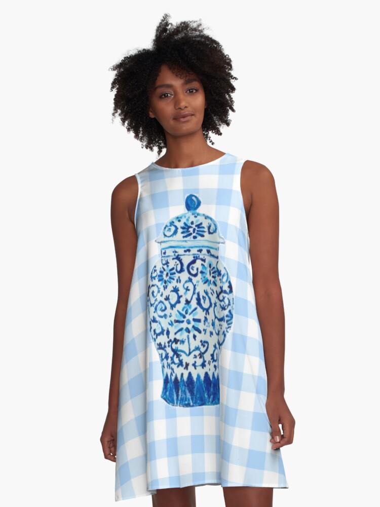 Blue and White Ginger Jar with Gingham