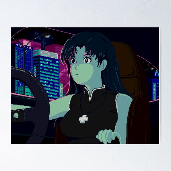Misato Katsuragi, Evangelion - Tokyo Night Drive Retrowave Pixel Art Poster