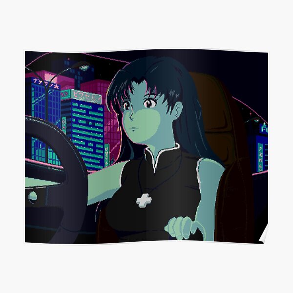 Misato Katsuragi, Evangelion - Tokyo Night Drive Retrowave Pixel Art Poster