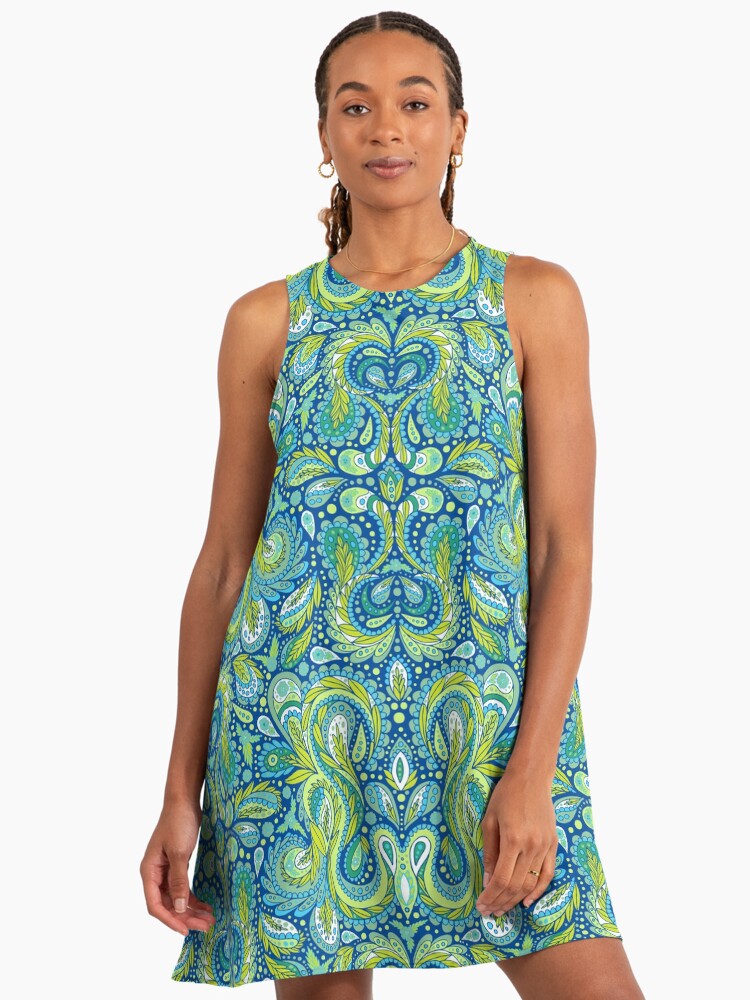 Paisley Pattern In Blue, Green & Turquoise Paisley A-Line Dress Paisley Pattern In Blue, Green & Turquoise Paisley A-Line Dress