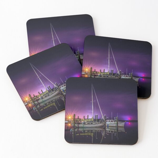Item preview, Sailboat & fishing boat docked with night reflections designed and sold by Steven Kight.