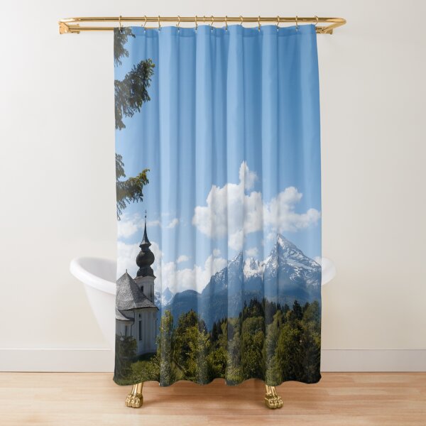 Bavarian church in the snowy mountains with breathtaking views Shower Curtain