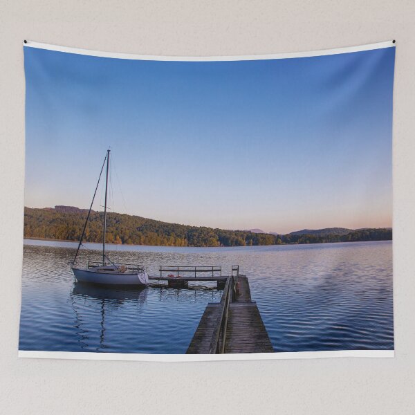 Item preview, Sunrise over Lake Windermere with boat and jetty and clear blue sky designed and sold by HTPOP.