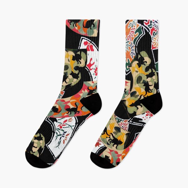 Item preview, JAPANESE FANS WITH BLACK KITTY CATS AND COLORFUL FLORAL   designed and sold by BulganLumini.
