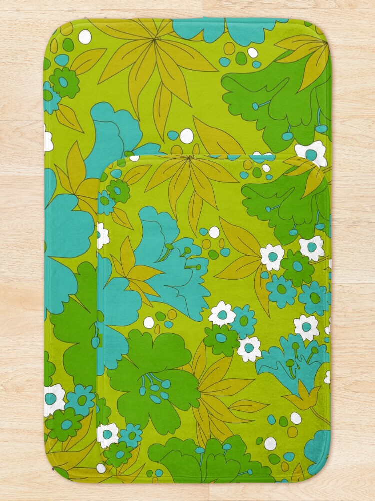 Alternate view of Green, Turquoise, and White Retro Flower Pattern Bath Mat