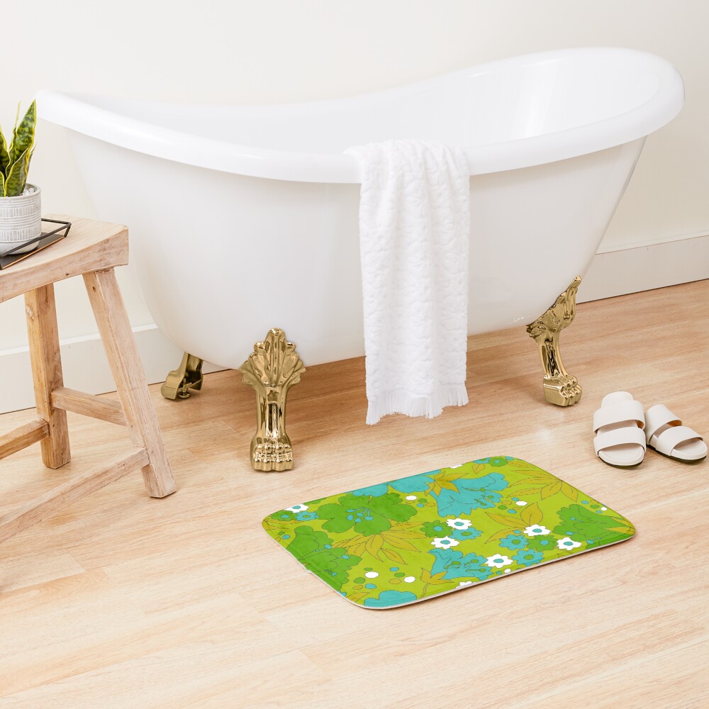 Green, Turquoise, and White Retro Flower Pattern Bath Mat