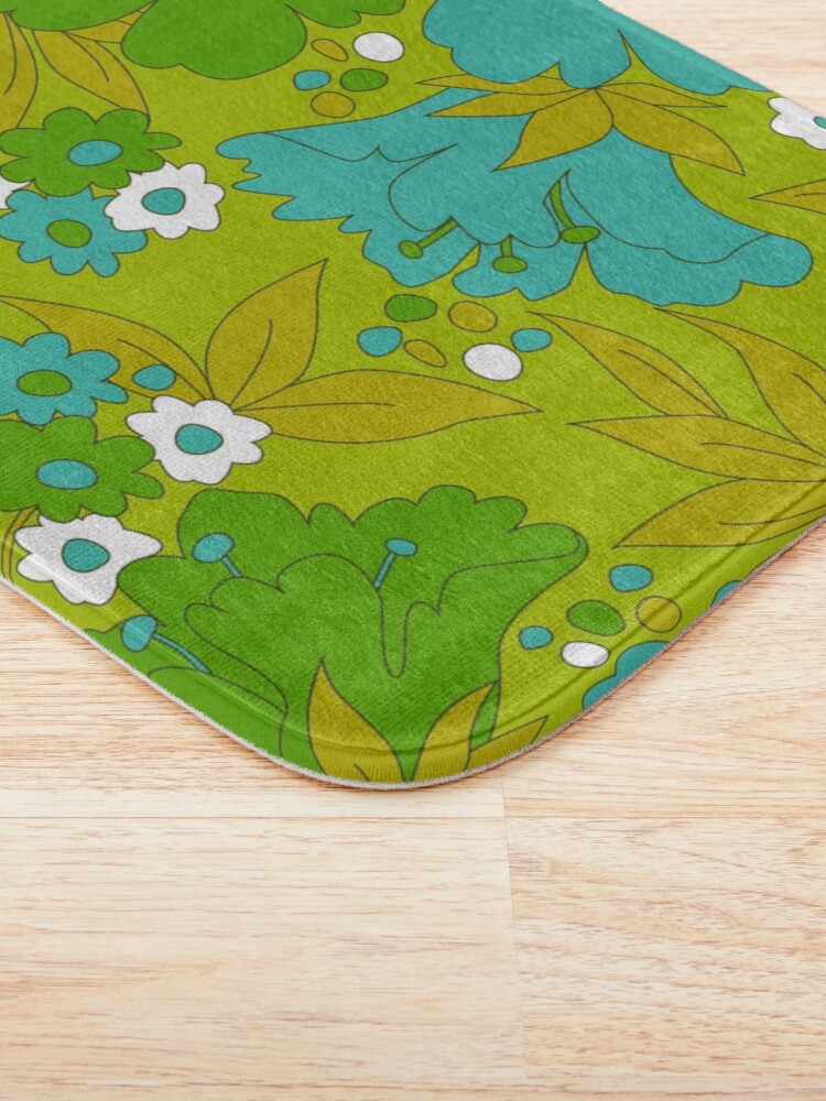Alternate view of Green, Turquoise, and White Retro Flower Pattern Bath Mat