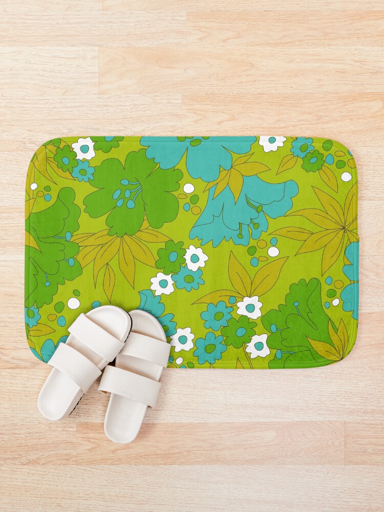 Alternate view of Green, Turquoise, and White Retro Flower Pattern Bath Mat