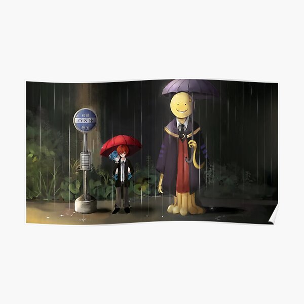 Assassination classroom Koro Sensei Nagisa Itona Bus stop raining Poster