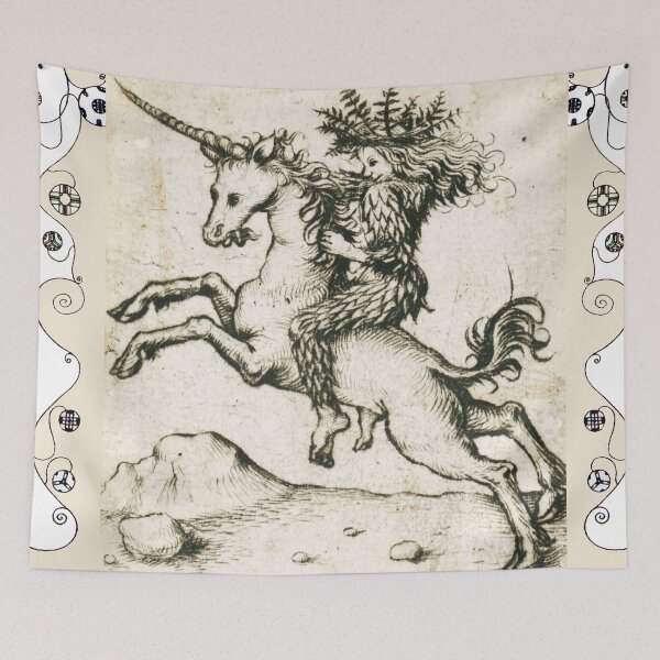Item preview, WILDMAN RIDING UNICORN,HIS BODY COVERED WITH LEAVES  Black White Etching designed and sold by BulganLumini.