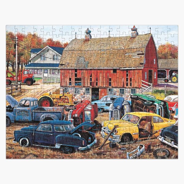 Cars, Old Cars Painting, Old House, Van Car, Barn yard Cars, Classic Cars. Jigsaw Puzzle