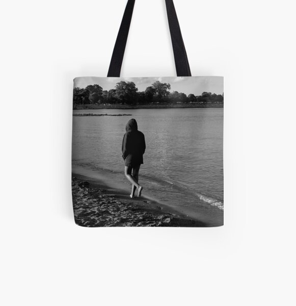 Solitude on the Beach - Grayscale - Water, Waves, Sand, Clouds, Trees All Over Print Tote Bag
