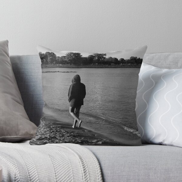Solitude on the Beach - Grayscale - Water, Waves, Sand, Clouds, Trees Throw Pillow