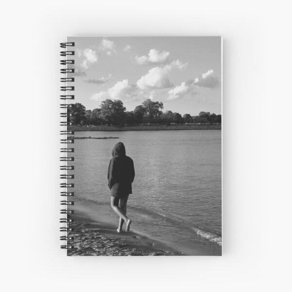 Solitude on the Beach - Grayscale - Water, Waves, Sand, Clouds, Trees Spiral Notebook