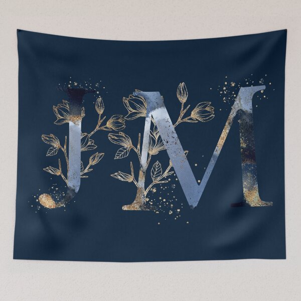 Item preview, Floral Initials JM, Blue and Gold Monogram designed and sold by PinkLotusArt.