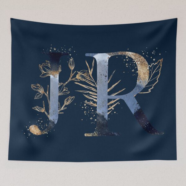 Item preview, Floral Initials JR, Blue and Gold Monogram designed and sold by PinkLotusArt.
