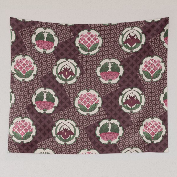 Item preview, Traditional Japanese Floral Shippou Summer Flower Crest Pattern with Hydrangea, Iris, and Peony in Deep Purple designed and sold by Charredsky.