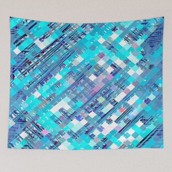 Item preview, geometric square pixel pattern abstract background in blue and pink designed and sold by Mrvell.