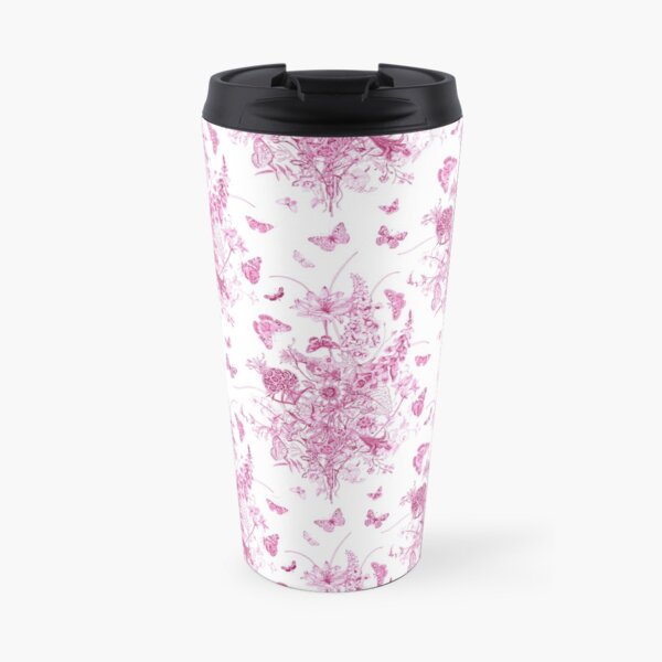 Red Wine Butterfly Botanical Toile de Jouy Inspired Pattern Travel Mug
